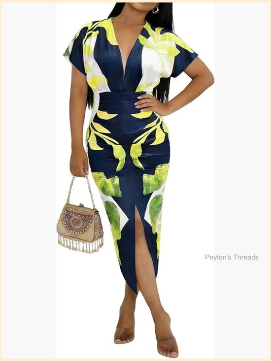 Dresses & Skirts - Sexy V Neck Casual Bodycon Maxi Dress Ruched Midi Dresses Plus Size